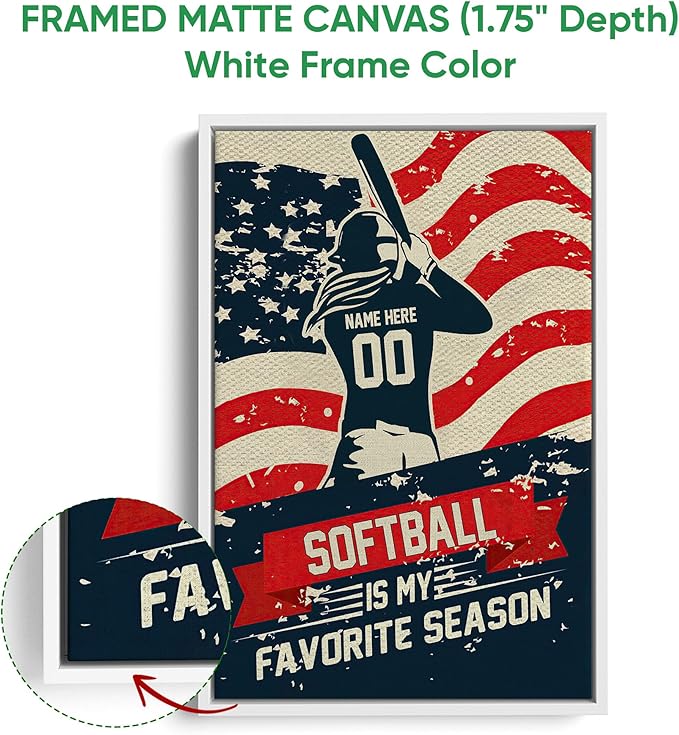 Personalized Softball Poster & Framed Canvas, Softball Is My Favorite Season Home Office Decor, Custom Name Number Bedroom Living Room Aesthetic Wall Art Gift For Girl, Daughter