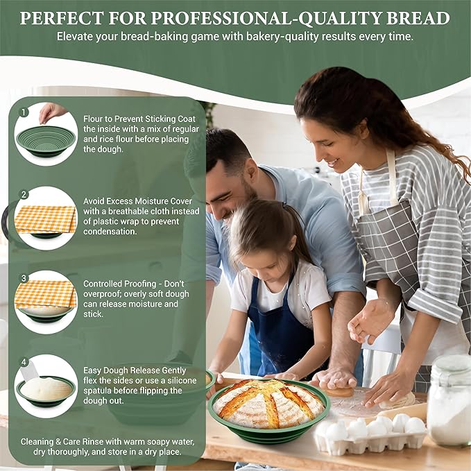 Premium Silicone Sourdough Banneton Bread Proofing Basket - Includes Oval & Round Foldable proofing Bowls (9.5 Inch) - Oven & Dishwasher Safe, Gifts for Artisan Bakers - Sage Green