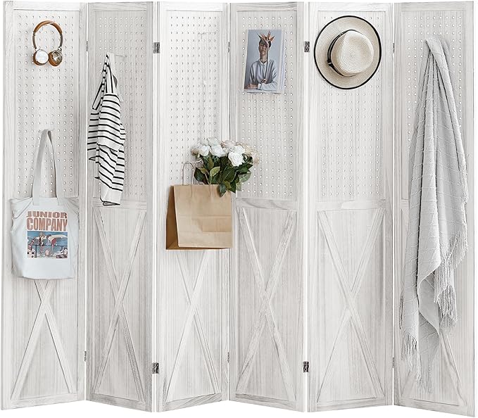 6 Panel Pegboard Room Divider, 5.6Ft Pegboard Display Folding Privacy Screens, Wood Room Divider Peg Board Display Freestanding for Trade Show Craft Show Home Wall Organizer, Retro White