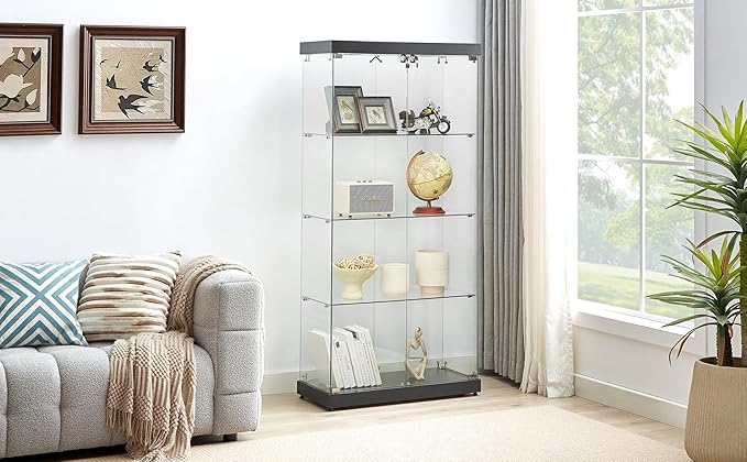 Yoluckea 4 Shelves Glass Display Cabinet with Light and 2 Doors, Floor Standing Clear Glass Curio Cabinet Collection Display for Living Room Bedroom 66.3” x 31.5” x 14.2” Black