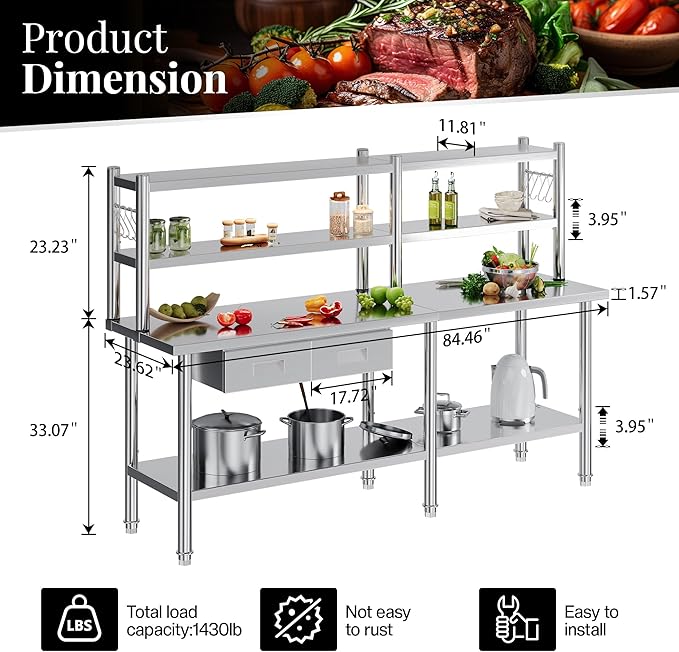 84"x24" Stainless Steel Work Table with Overshelves, 2/3 Drawers, Adjustable Shelf & Hooks, NSF-Certified Heavy-Duty Prep Station for Commercial Kitchen, Restaurant, or Garage