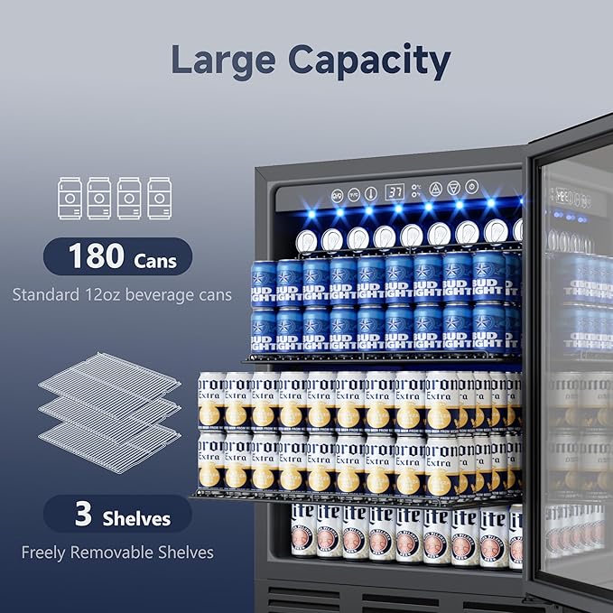 24 Inch Beverage Refrigerator, 180 Cans Under Counter Beverage Fridge with Glass Door, LED Light, Built-in or Freestanding Beer Fridge for Soda, Water, Wine - Home, Bar or Office
