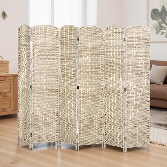 HOMCOM 6 Panel Room Divider, 6' Tall Folding Privacy Screen, Woven Freestanding Wall Partition for Home Office, Bedroom, Washed Oak