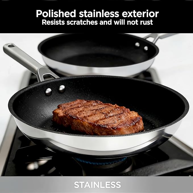 RV pan Stainless Steel Non Stick Fry Pan Set,8 & 10 Inch,Gas Electric Induction Compatible,PFOA Free,Dishwasher Safe,Oven Safe up to 500°F,2-Piece Cookware,Even Heat Distribution & Stay Cool Handles.