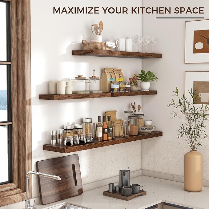 Floating Shelves for Wall 36"W x 7.8"D x 1.5"H, Engineered Wood Wall Shelves with Invisible Brackets for Living Room Bedroom Bathroom Office Kitchen Decor and Storage, Rustic Brown Finish, Set of 2