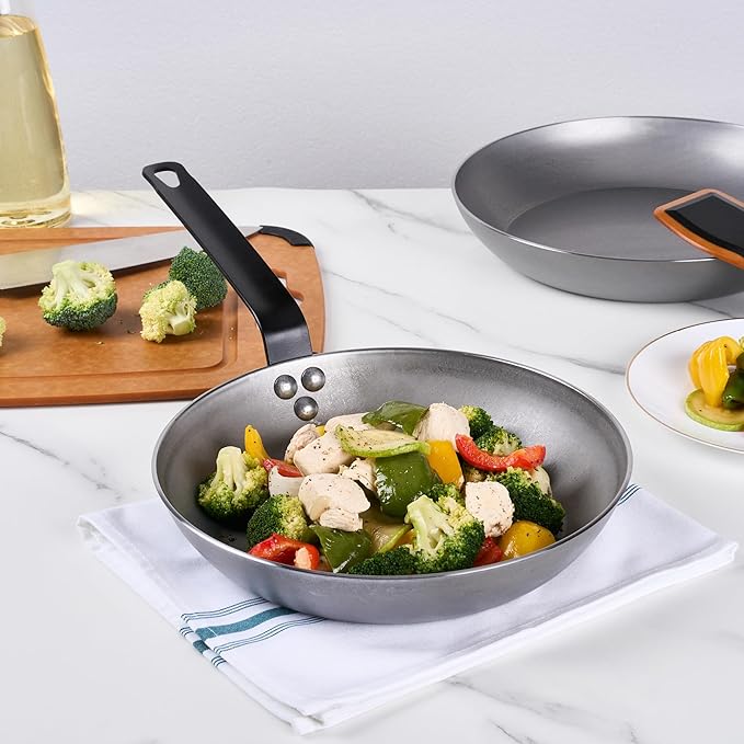 Restaurantware Met Lux 10 Inch Fry Pans, 6 No-Stick Frying Pans - Induction-Ready, Triple-Riveted, Silver Carbon Steel Cooking Skillets, Durable, For Searing, Sauteing, And Browning Food