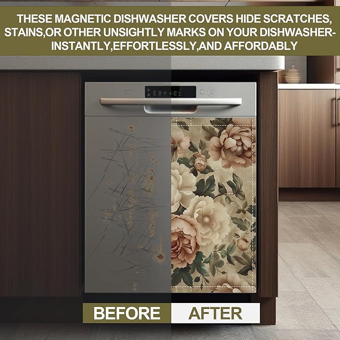 Vintage Rose Dishwasher Magnets Decorative Cover,Retro Flowers Magnet Fridge Panel Decal for Home Kitchen Decor,23x26 in