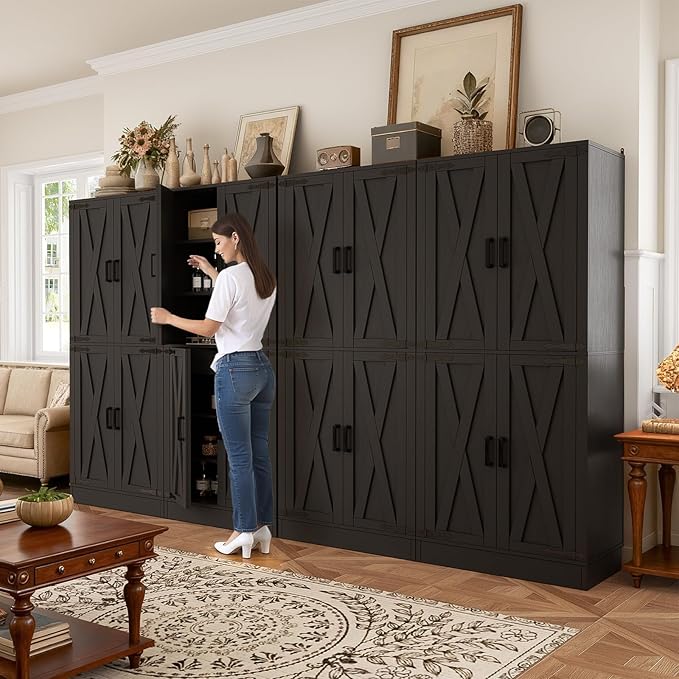 Unikito 71" Tall Kitchen Pantry Cabinet with Farmhouse Barn Doors and Storage Drawer, 4 Adjustable Shelves, Freestanding Cupboard for Kitchen, Dining Room, Living Room, Utility Room, Black 2 Pack