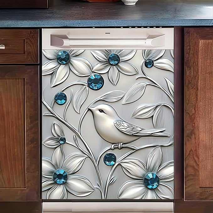 Bird Dishwasher Magnet Cover Silver Imitation Stainless Steel Bird and Flower Pattern Kitchen Dishwasher Magnetic Sticker Fridge Door Cover Magnets Art Skin Panel Decal 23x26 Inch