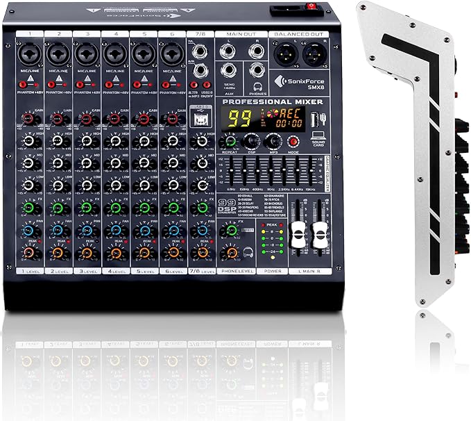 8 Channel Audio Mixer, 99 DSP Sound Board Console with 48V Phantom Power, Professional DJ Mixer for Podcasting, Streaming, Studio Recording (SMX8)