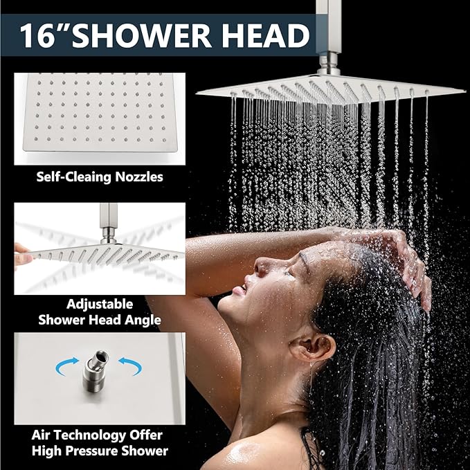 Aolemi Shower Faucet Set Ceiling Mount Shower System Rough-in Valve and Shower Trim Kit 2 in 1 Handheld Spray Push Button Diverter 16 and 6 Inch Dual Shower Head Brushed Nickel