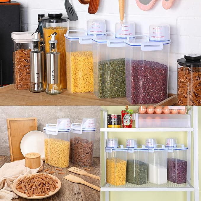 Rice Storage Bin 4 Pcs Cereal Containers Dispenser with Measuring Cup Plastic Storage Containers with Lids Kitchen Bin Rice Holder Food Sets for Flour Cereal, 2.5 l