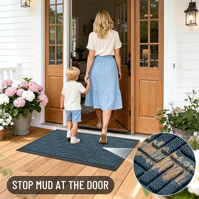 OLANLY Front Door Mat Outside Entrance 47x32, Absorbent, Heavy Duty Sturdy Natural Rubber Doormat Indoor Outdoor, Non-Slip, Stain and Fade Resistant, Low Profile Floor Mat for Entryway, Lake Blue