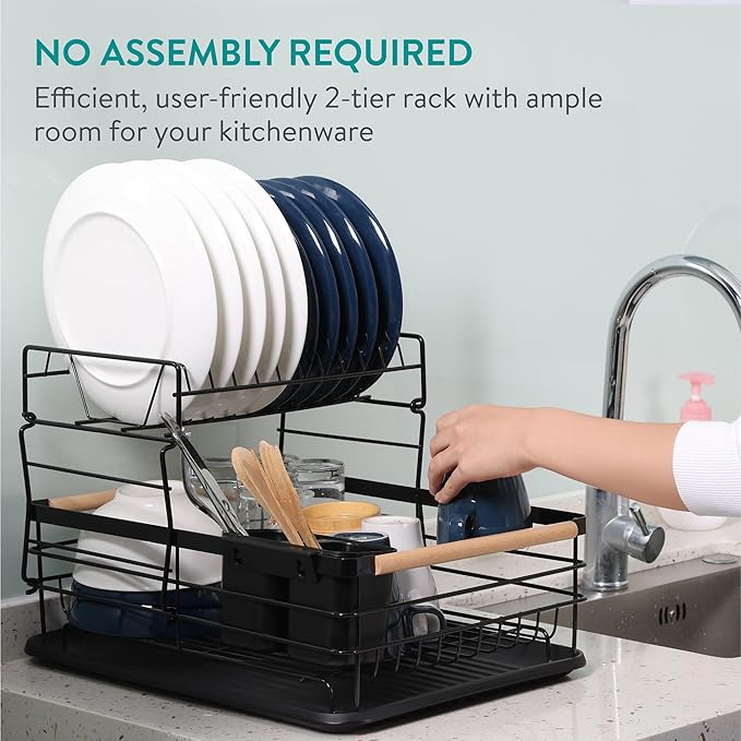 Navaris 2 Tier Dish Rack - Compact Drying Kitchen Board with Drip Tray & Cutlery Holder - Easy to Assemble and Clean Dishes - Sink Drainer Rack - Black