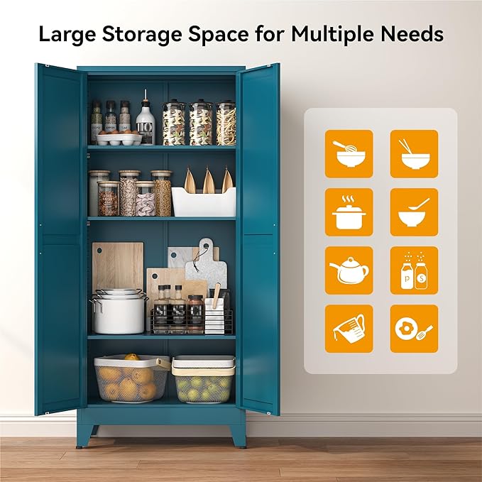 COFaR 61" Pantry Cabinet in Peacock Blue, Farmhouse Storage Cabinet with Adjustable Shelves, Sturdy Freestanding Cupboard for Kitchen Organization, Bathroom & Living Room