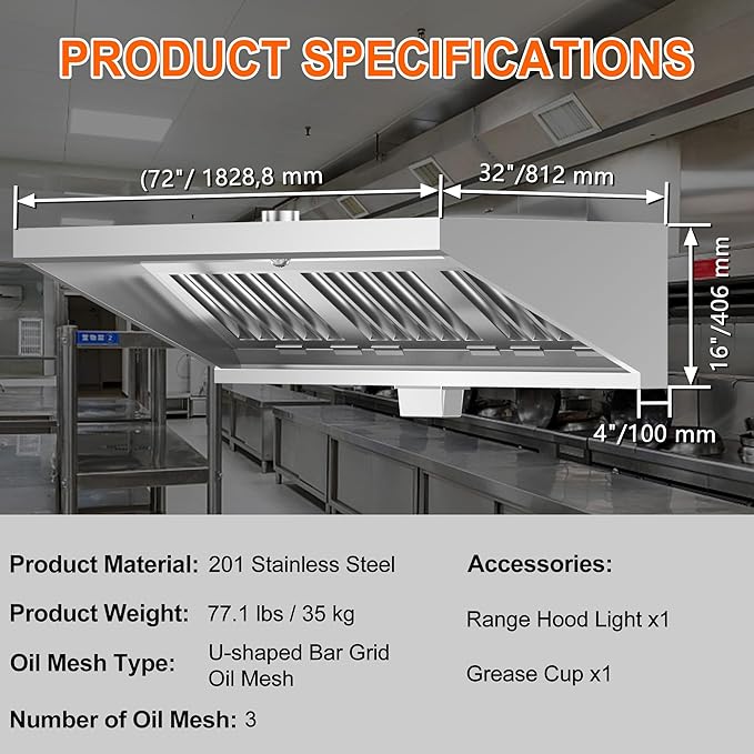 Food Truck Low Profile Exhaust Hood System Includes a 6FT Stainless Steel Commercial Exhaust Hood and an 0.5HP Restaurant Canopy Hood Grease Rated Exhaust Fan