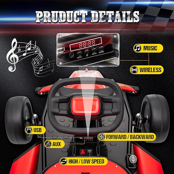 24V Electric Go Kart for Kids, Drift Kart with 400W Motors, EVA Tires, Max Speed 8.1 MPH, Music, Wireless, Electric Drifting Cart Outdoor Ride on Toy for Kids Ages 6+ (Red)