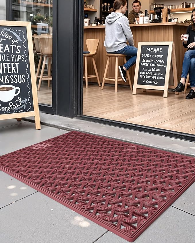DEXI Front Door Mat Outside Entrance Rubber 24x36, Welcome Floor Doormat Heavy Duty Non Slip, Dirt Trapper Waterproof Exterior Entry Mats All Weather for Patio Entryway Drainage, Red