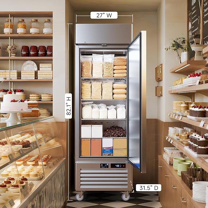 VEECOOL 27" WiFi Enabled Commercial Freezer Upright with App Control, 23 cu.ft. Stainless Steel Single Door Reach-in Freezer with 4 Shelves, Right Hinged Door, Auto Defrost, ETL&ETL Sanitation