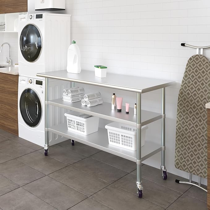 AmGood Stainless Steel Work Table with 2 Shelves and Casters | Metal Utility Table On Wheels (Stainless Steel Work Table with 2 Shelves + Casters, 60" Long x 24" Deep)