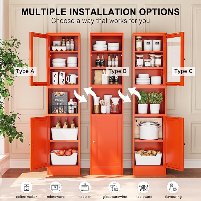 Metal Bathroom Storage Cabinet, Tall Narrow Cabinet with Glass Doors Ajustable Shelves Open Countertop, Slim Sideboard for Small Spaces, Living Room, Kicthen, Dining Room