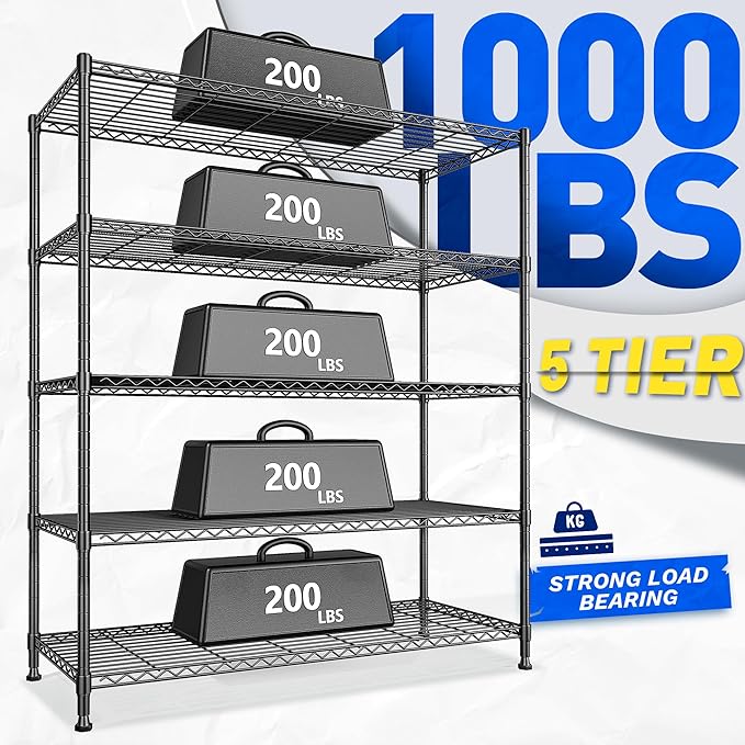 2 Set of 45 W Storage Shelves 5 Tier Wire Shelving Unit Adjustable Metal Shelving Wire Shelf Pantry Shelves Wire Commercial Rack for Closet Kitchen Pantry Garage 45" Wx 13.5" Dx70.5 H Black