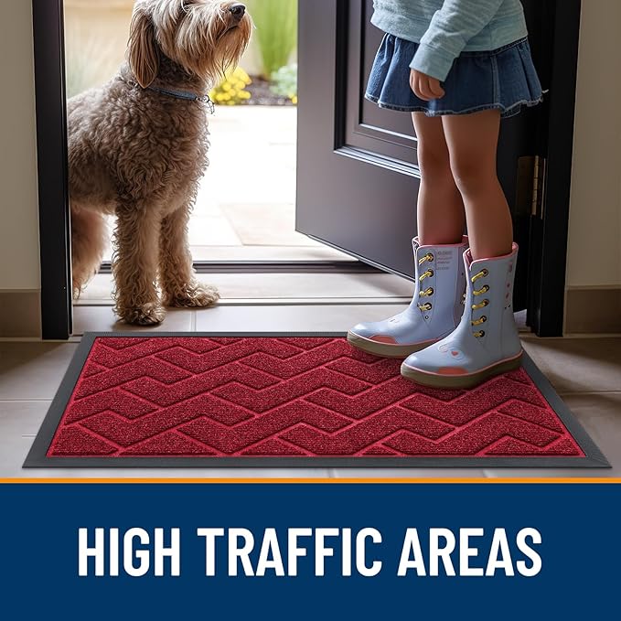OLANLY Front Door Mat Indoor Outdoor Entrance, Waterproof All-Season, All-Weather Doormat, Sturdy Natural Rubber, Low Profile, Easy Clean Patio Porch Entryway Mat, Herringbone Brick (Wine Red, 36x24)