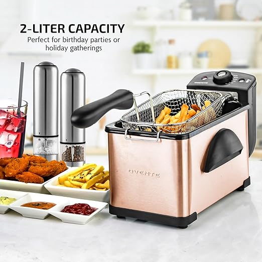 OVENTE Electric Deep Fryer 2L Capacity, Lid with Viewing Window, Adjustable Temperature, Removable Frying Basket & Cool Touch Handle, 1500W Power, Easy to Clean Stainless Steel Body, Copper FDM2201CO