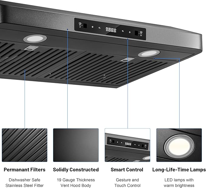 Range Hood 30 inch Under Cabinet, 900CFM Black Kitchen Vent Hood, Permanent Baffle Filters，Top and Rear Vents