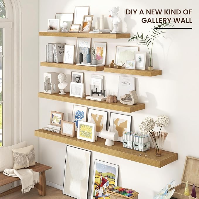 Floating Shelves for Wall 48"W x 9"D x 1.5"H, Long Engineered Wood Wall Shelves with Invisible Brackets for Living Room Bedroom Bathroom Office Kitchen Decor and Storage, Oak Finish, Set of 2