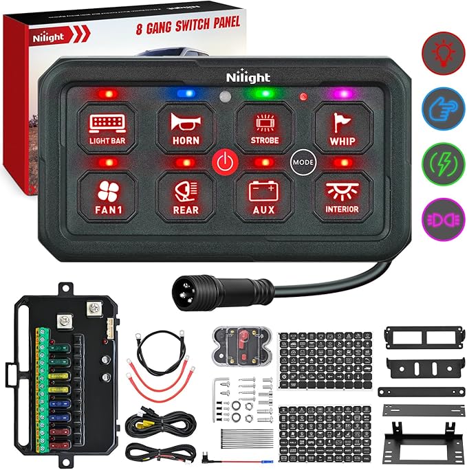 Nilight 8 Gang Switch Panel Red Circuit Control Relay System with Fuse Wiring Harness Toggle Momentary Strobe Flash Modes Automatic Dimmable ON Off Pod 12V 24V for Car Truck Camper SUV