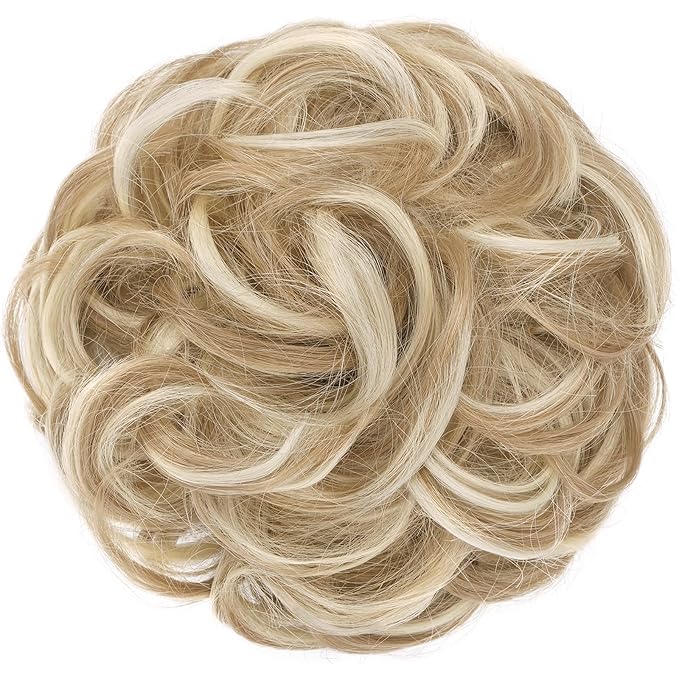 FESHFEN Large Messy Bun Hair Piece - Wavy Synthetic Chignon Scrunchies Elastic Ponytail Hair Extensions Thick Hairpieces for Women, Dirty Blonde 1.94oz