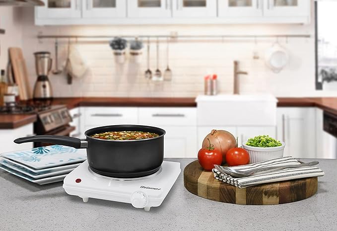 Elite Gourmet ESB-301F Countertop Single Cast Iron Burner, 1000 Watts Electric Hot Plate, Temperature Controls, Power Indicator Lights, Easy to Clean, White