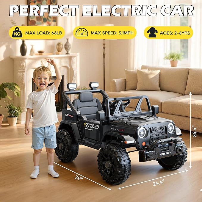 12V Ride On Truck Car with Remote Control, Kids Electric Vehicles with Bluetooth Music, Horn, 3 Speeds, 4 LED Lights, Soft Start, Ride on Toys for Toddler Boys & Girls (Black)
