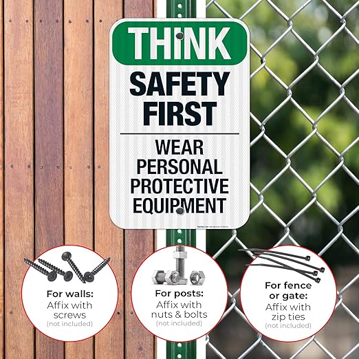 Think Safety First Wear Personal Protective Equipment Sign, 12x18 Inches, 3M EGP Reflective .063 Aluminum, Fade Resistant, Made in USA