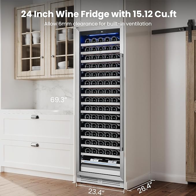 Yeego 24 Inch Wine Fridge Cooler - 165 Bottles Wine Cooler with Glass Door, 40-65℉ Built-In or Freestanding Wine Refrigerator with Door Lock and 2 Color LED for Kitchen Bar Office (Left-Hinged)