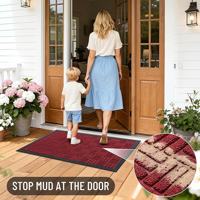 OLANLY Front Door Mat Outside Entrance 59x34, Absorbent, Heavy Duty Sturdy Natural Rubber Doormat Indoor Outdoor, Non-Slip, Stain and Fade Resistant, Low Profile Floor Mat for Entryway, Black Red