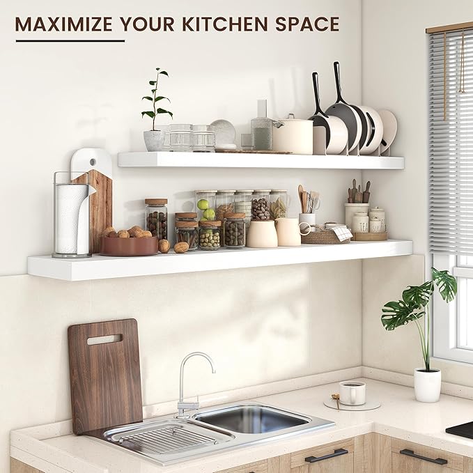 Floating Shelves for Wall 55"W x 10"D x 1.5"H, Long Engineered Wood Wall Shelves with Invisible Brackets for Living Room Bedroom Bathroom Office Kitchen Decor and Storage, White Finish, Set of 1