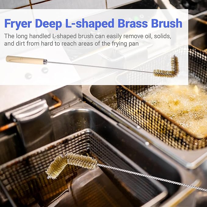3 PCS Fryer Cleaning Tools with Deep Fryer Brass L-Shaped Brush, Deep Fryer Cleanout Rod, Long Handle Deep Basket Brush for Restaurants, Air Fryers, Deep Fat Fryers