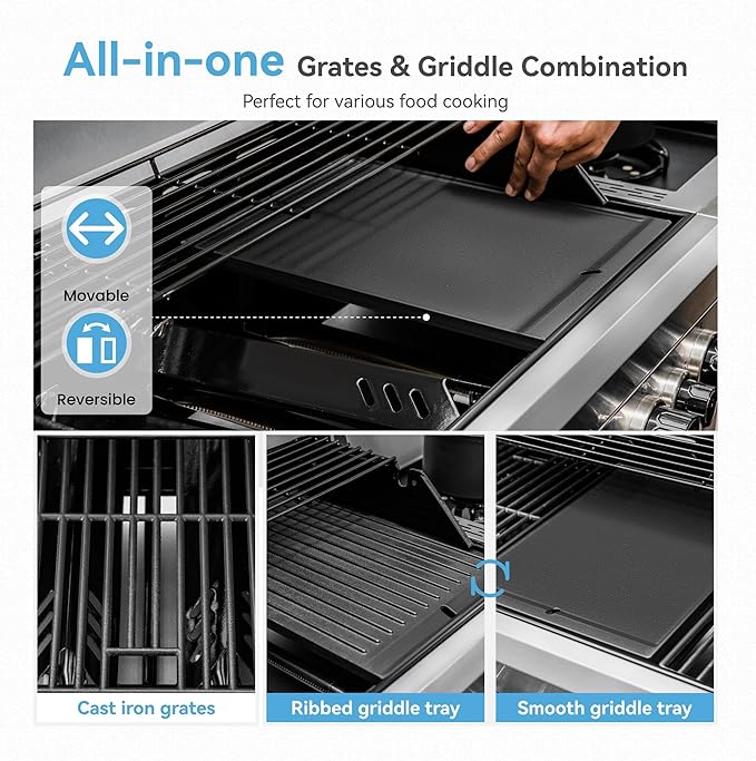 2 in 1 Propane Griddle Grill Combo, 6-Burner Propane Gas BBQ Grill with Porcelain-Enameled Cast Iron Grates & Plate, 42,000 BTU Combo Grill with Side Stove for Outdoor Cooking Camping Patio Backyard