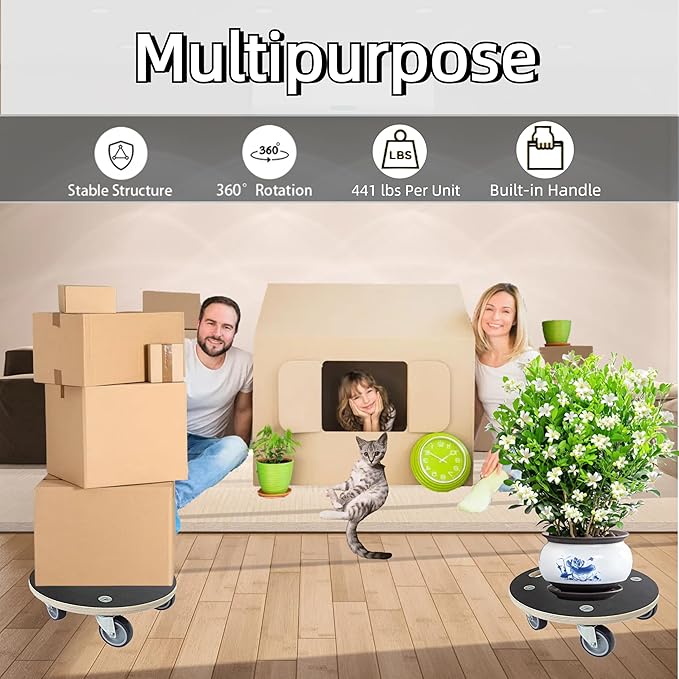 Furniture Moving Dolly Round Wood Platform Dolly 2 Packs, 12.4 x 12.4 inch 882 lbs Capacity Heavy Duty Wood Dollies cart with Wheels, Movers Carrier with 4 Soft Rubber Silent Wheels
