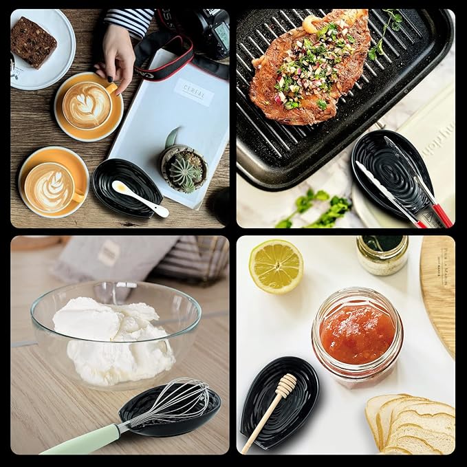 Hasense Spoon Rest for Stove Top, Spoon Holder for Kitchen Counter, Ceramic Cooking Spoon Holder for Ladle Spatula Tong and Spoon, Kitchen Utensil Rest for Home Coffee Bar Decor, Black, 2 PCS