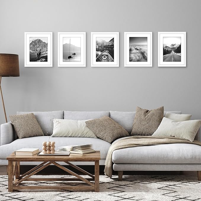 Americanflat 11x14 Picture Frame with Polished Plexiglass - Set of 5 - Use as 8x11 Frame with Mat or Display 11x14 Photo Without Mat - Galleria Collection - Picture Frames for Wall Display - White