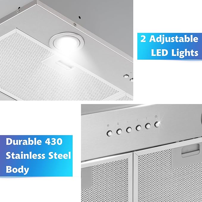 ONEEON 30" Range Hood Insert - 500 CFM Stainless Steel Built-in Kitchen Vent w/ 4-Speed Exhaust Fan, Dishwasher-Safe Baffle Filters, LED Lights & 3-Min Delayed Shutdown