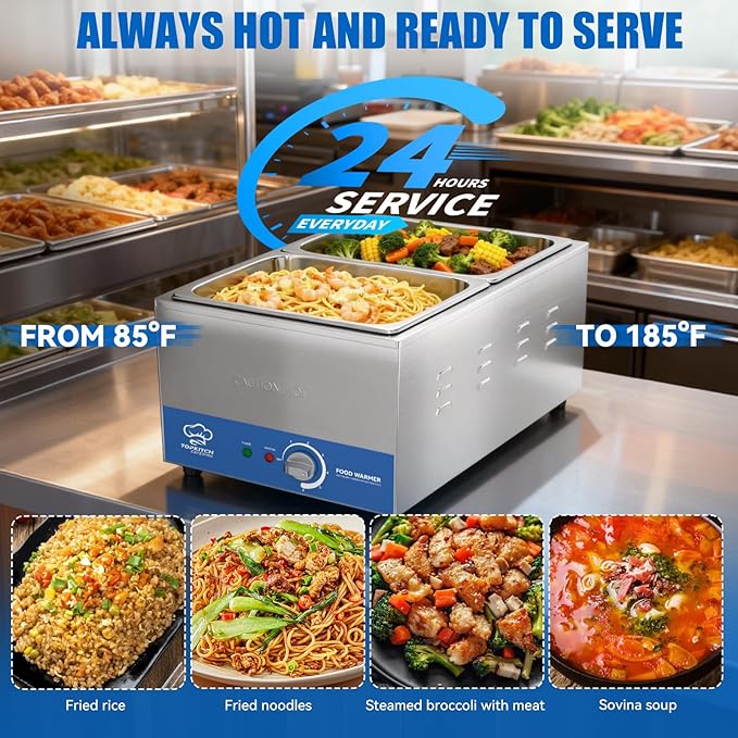2-Pan Commercial Food Warmer with Non-Leakage Stretch-Forming Water Tank &2 of 1/2 Size GN Pan,18L Countertop Steam Table Soup Station Bain Marie for Buffet,Catering,Parties and Restaurants