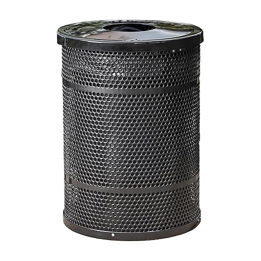 55 Gallon Perforated Recycle Container with Flat Lid, Steel Outdoor Heavy-Duty Commercial Trash Can, Black Round Waste Bin, Durable Garbage Can for Municipalities, Schools, Parks, Parking