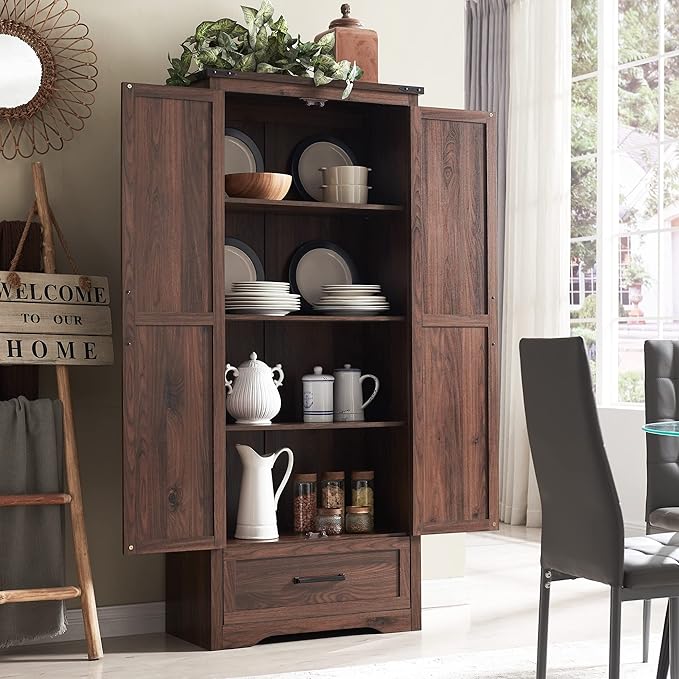 JXQTLINGMU Farmhouse Kitchen Pantry Cabinet - 72" Tall Wood Kitchen Storage Cabinets with Adjustable Shelves & 2 Barn Doors & Drawer, Versatile Storage for Dining Room, Bathroom, Rustic Brown