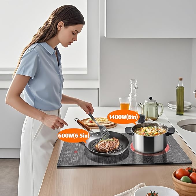 Karinear 2 Burner Electric Cooktop 110V, 12 Inch Countertop & Built-in Electric Stove Top, Plug-in Ceramic Cooktop with Child Safety Lock, Timer, Pause, Smooth Glass Surface with Beautiful Pattern(B)