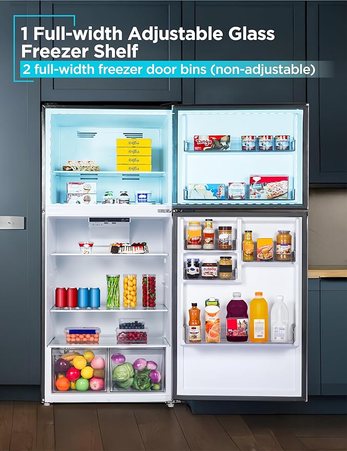 BLACK+DECKER 20.1 Cu. Ft. Top Mount Refrigerator with Freezer, 2 Door Fridge with Top Freezer and Adjustable Temperature Control, Full Size Kitchen Refrigerator, ENERGY STAR, BR2010JS, Stainless Look
