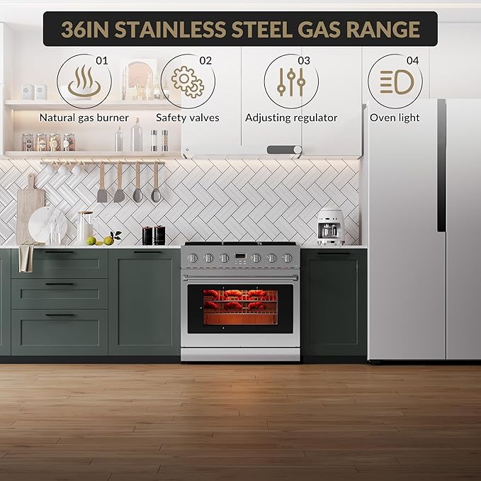 36" Freestanding Dual Fuel Range Oven Stove, Stainless Steel Gas Stove with 6 Sealed Burners and 6.0 Cu.Ft Electric Convection Oven, True Convection and Self-Cleaning, Perfect for Home or Commercial